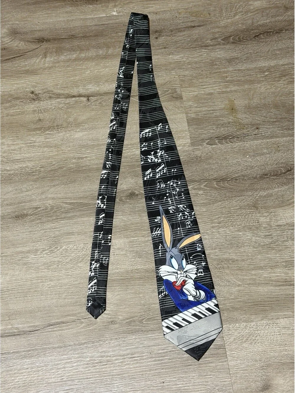 Looney Tunes 1996 Bugs Bunny Mania Mens Tie Warner Bros Black White Music Notes